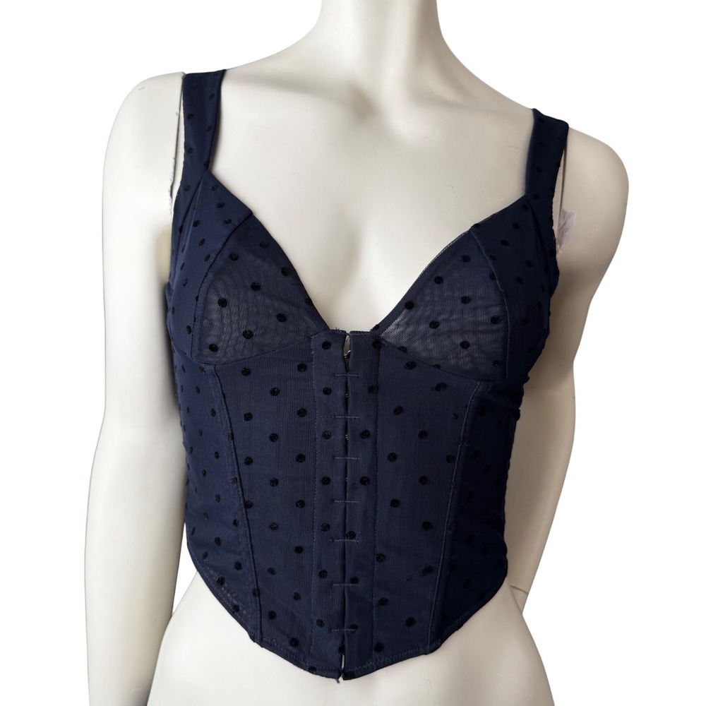 White Fox Corset Top Navy Blue Polka Dot Mesh Hook Eye Coquette Baddie Size S